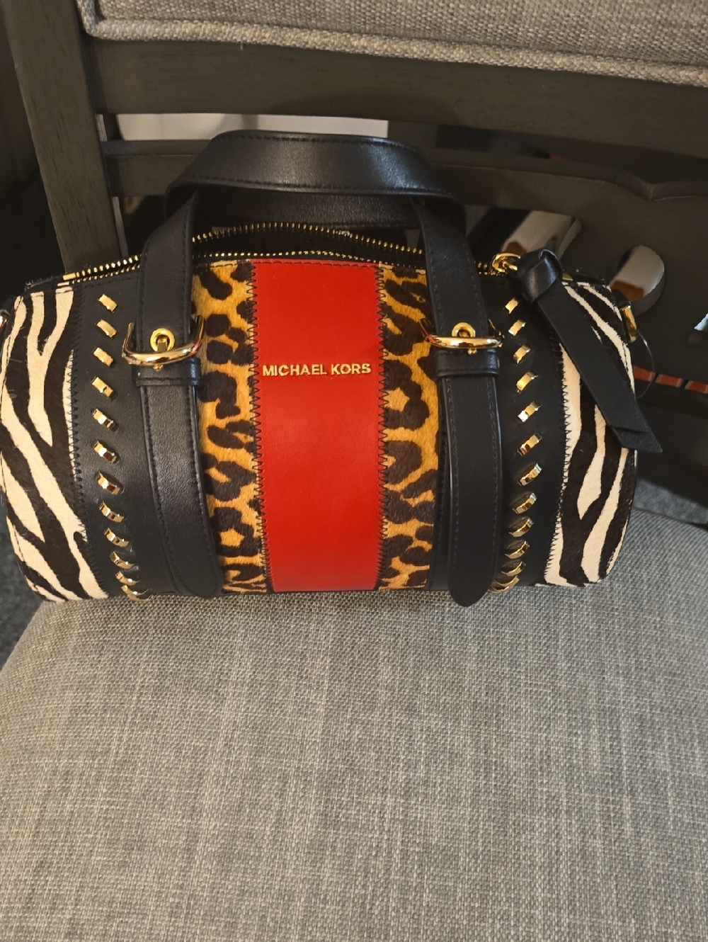 Michael Kors Black, Red & Animal Print Duffel Bag